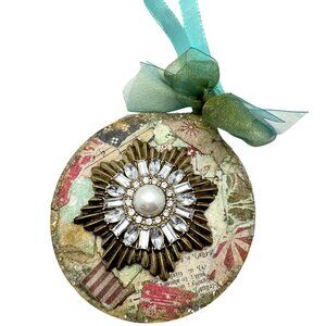 Handcrafted Ornament OOAK Collage Clear Crystal Green Gold Red Accents 3" Ribbon